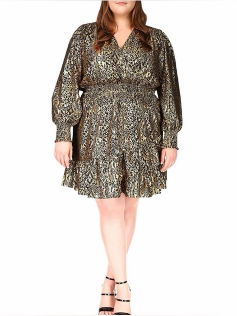 EUC Michael Kors Plus Size Julia Smocked Waist Animal Print Dress black gold 3X